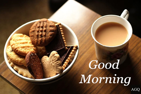 Good morning image with tea and biscuits