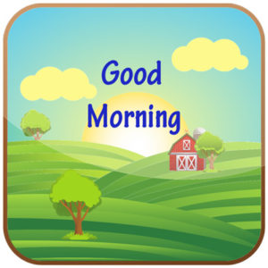 Good Morning blue text on green field